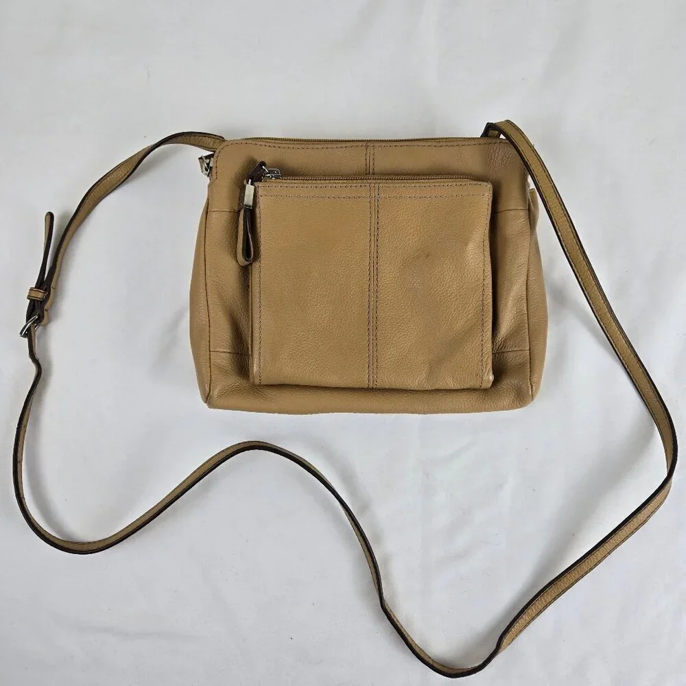 Tignanello Taupe Crossbody Bag 100% Leather Multiple Pockets Adjustable Strap